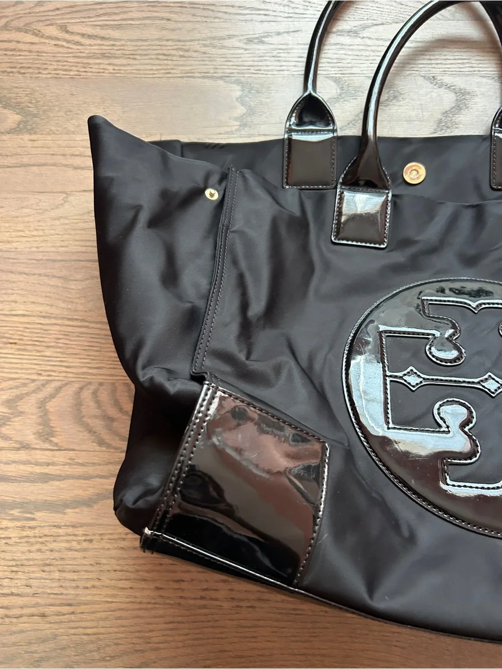 Tory Burch Black Nylon Tote with Glossy Patent Logo